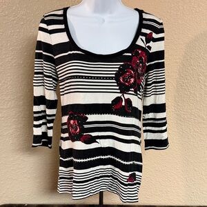 4/$15 White House Black Market Black & White Striped Top with Red Floral Design